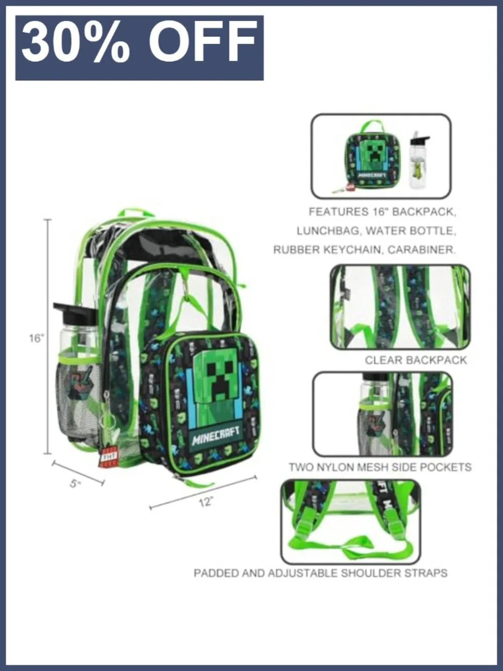 Kids Minecraft Creeper 5-Piece Backpack Set with Lunchbox and Water Bottle